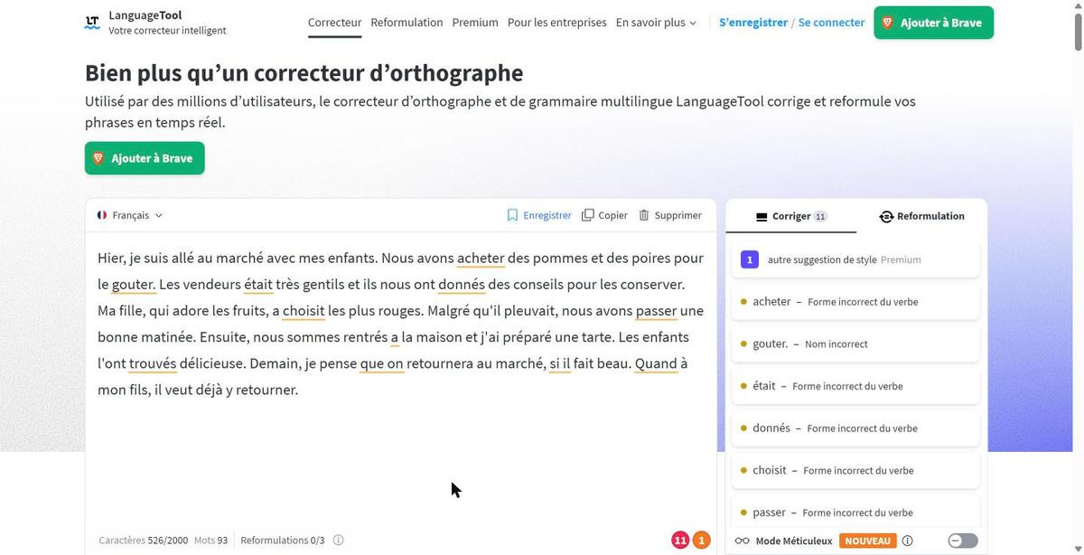 LanguageTool : les 11 fautes signalées dans l’onglet Corriger, capture du 25 octobre 2026