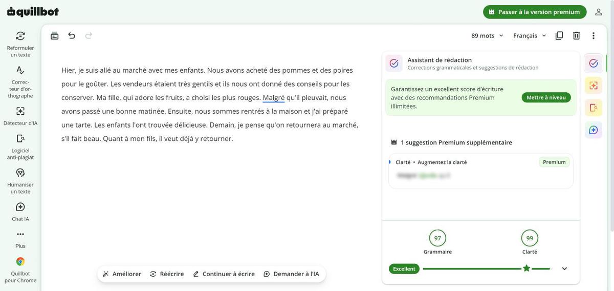 QuillBot : le texte corrigé, « Malgré qu’il pleuvait » non corrigé, capture du 25 octobre 2026