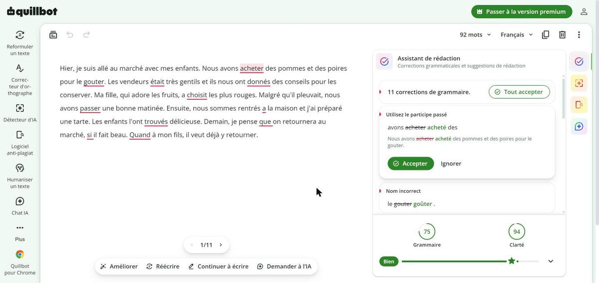 QuillBot : les 11 corrections proposées, capture du 25 octobre 2026