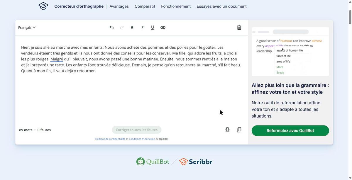 Scribbr : le texte après « Corriger toutes les fautes », capture du 25 octobre 2026
